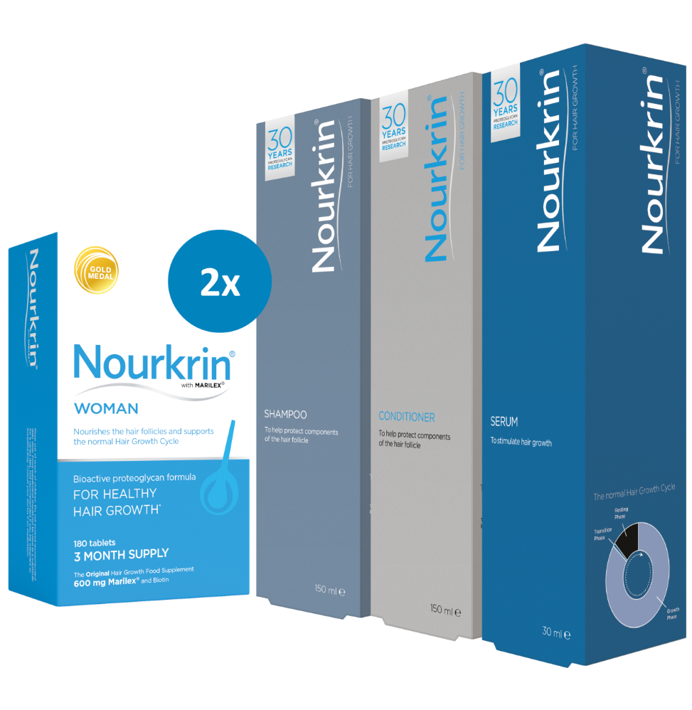 Nourkrin Woman pack with Nourkrin shampoo, Nourkrin conditioner and Nourkrin serum packs