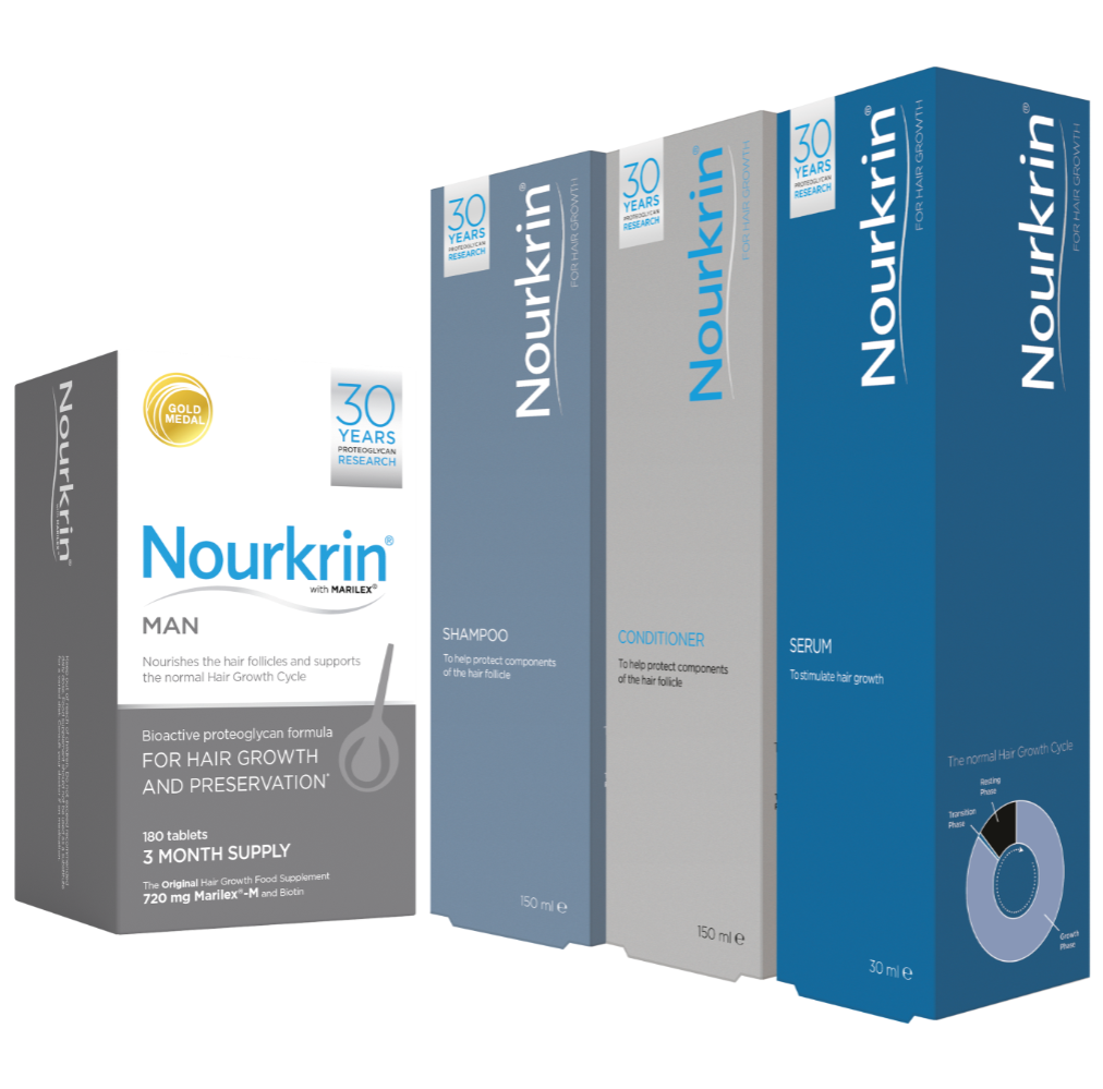 Nourkrin Man 180 tablet pack with Nourkrin shampoo, Nourkrin conditioner and Nourkrin serum packs