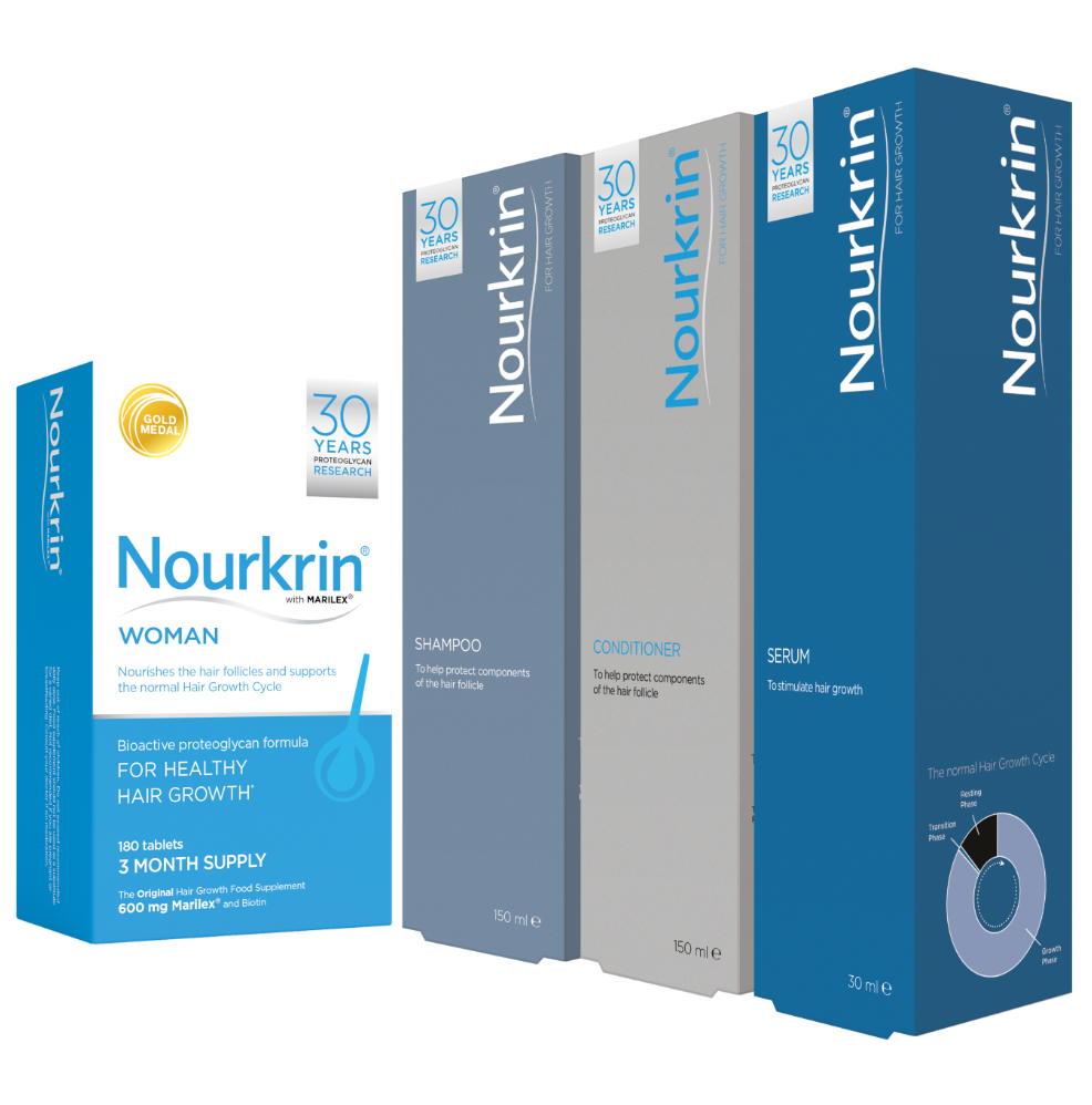 Nourkrin Woman 180 tablet pack with Nourkrin shampoo, Nourkrin conditioner and Nourkrin serum packs